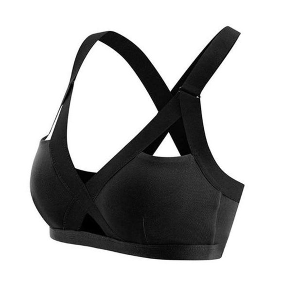 Black Solid Color Sports Bras Front Cross